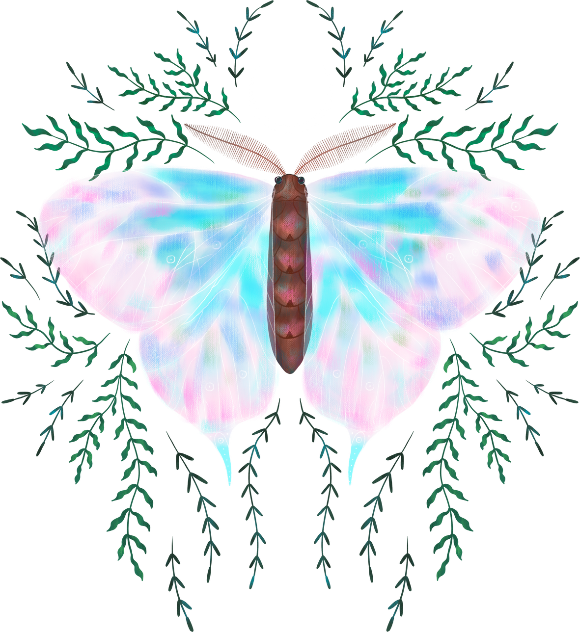 illustration of magical night moth with cosmic elements and plants. magical elements. ideal for printing on a calendar, fabric, postcard and design